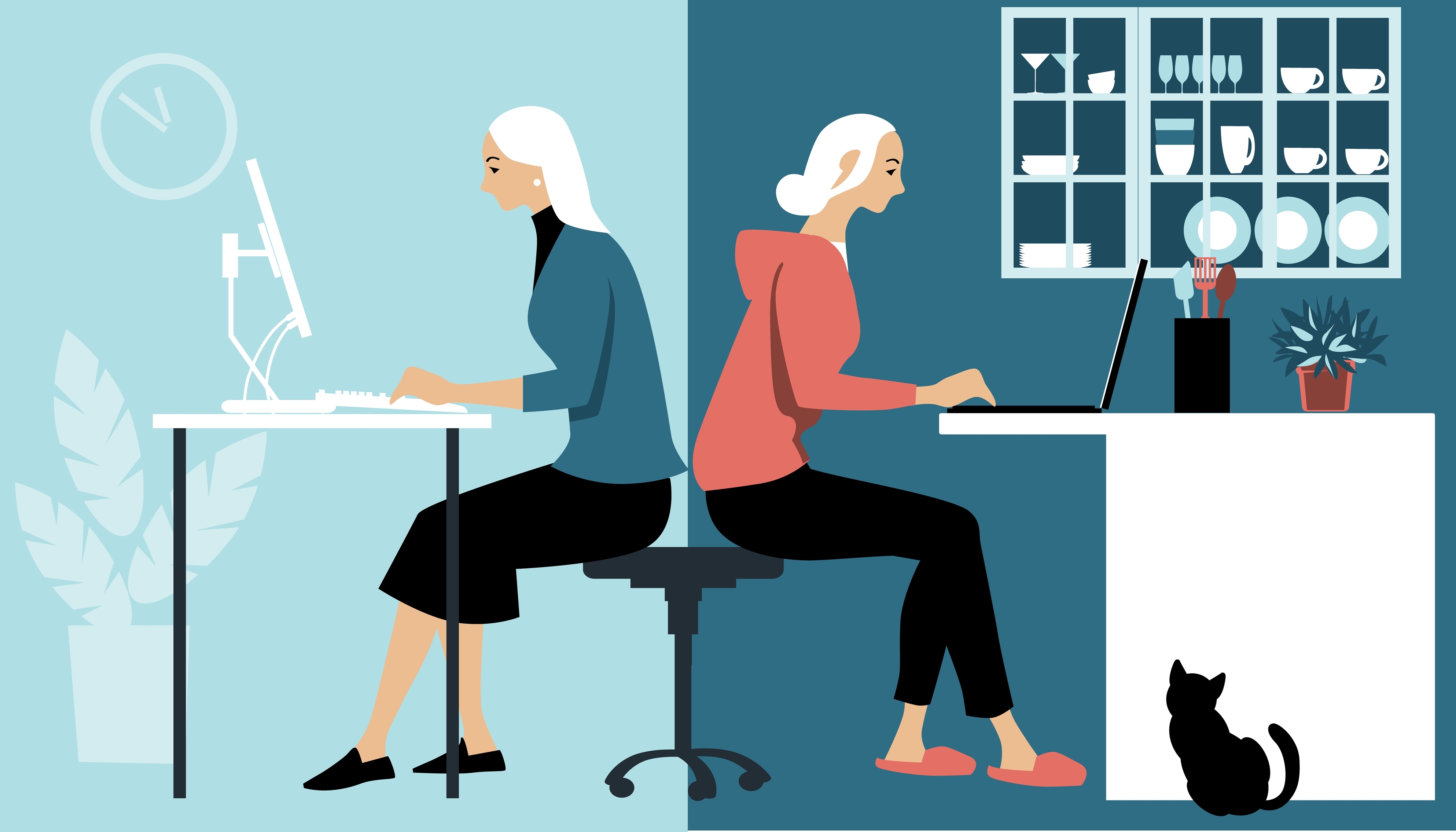 Remote work and in-office work - hybrid working illustration
